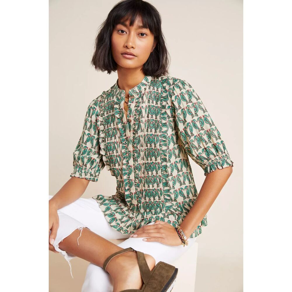 Maeve Anthropologie Birdie Ruffled Buttondown Blouse Sz 2 Tropical, Summer Boho
